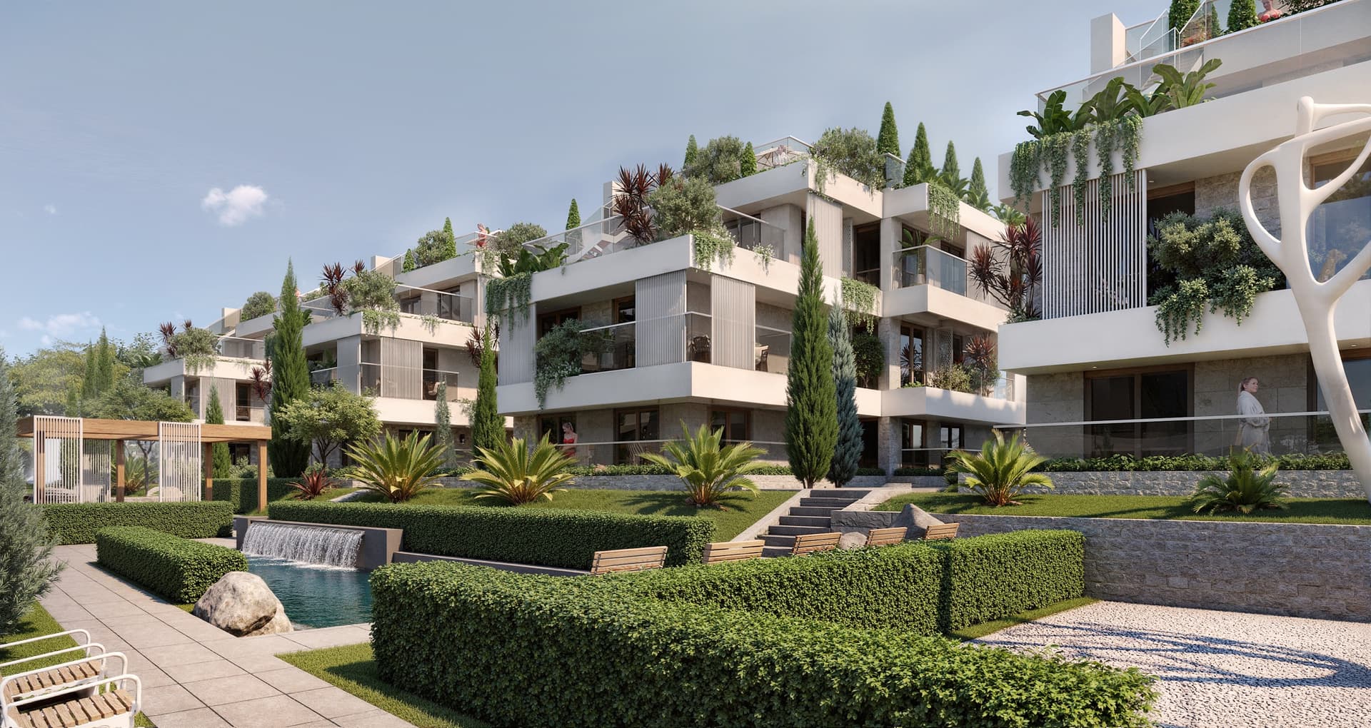 Landscaped park and water feature at Boka Verde