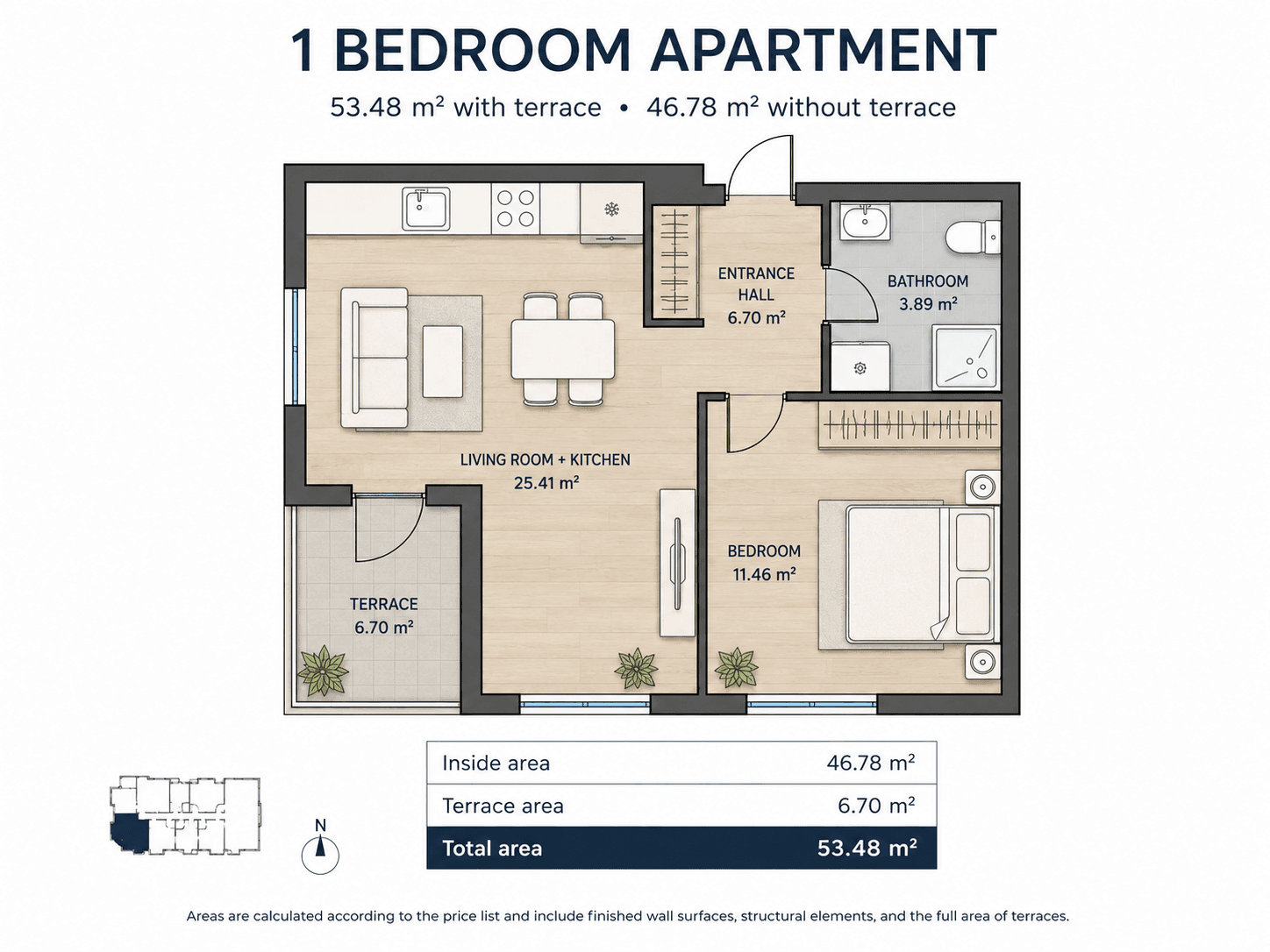 Tlocrt apartmana sa 1 spavaćom sobom u Kava Building