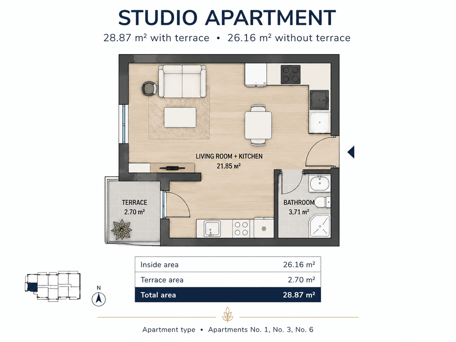 Tlocrt studio apartmana u Kava Building