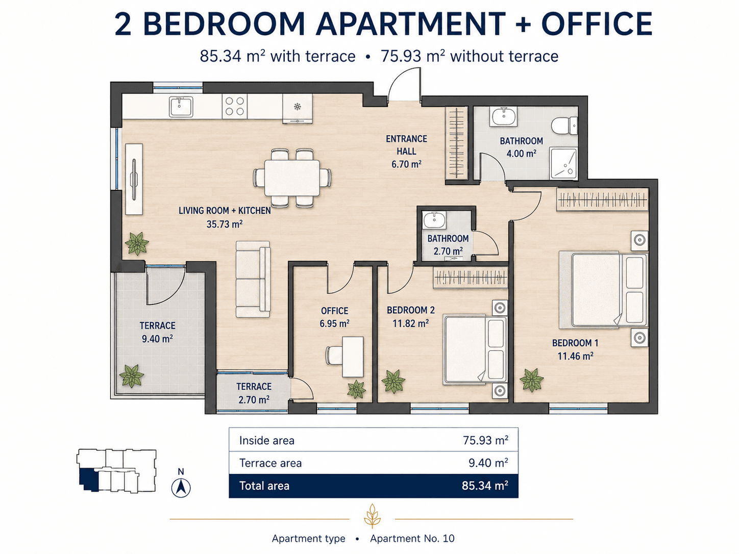 Tlocrt apartmana sa 2 spavaće sobe i kabinetom u Kava Building