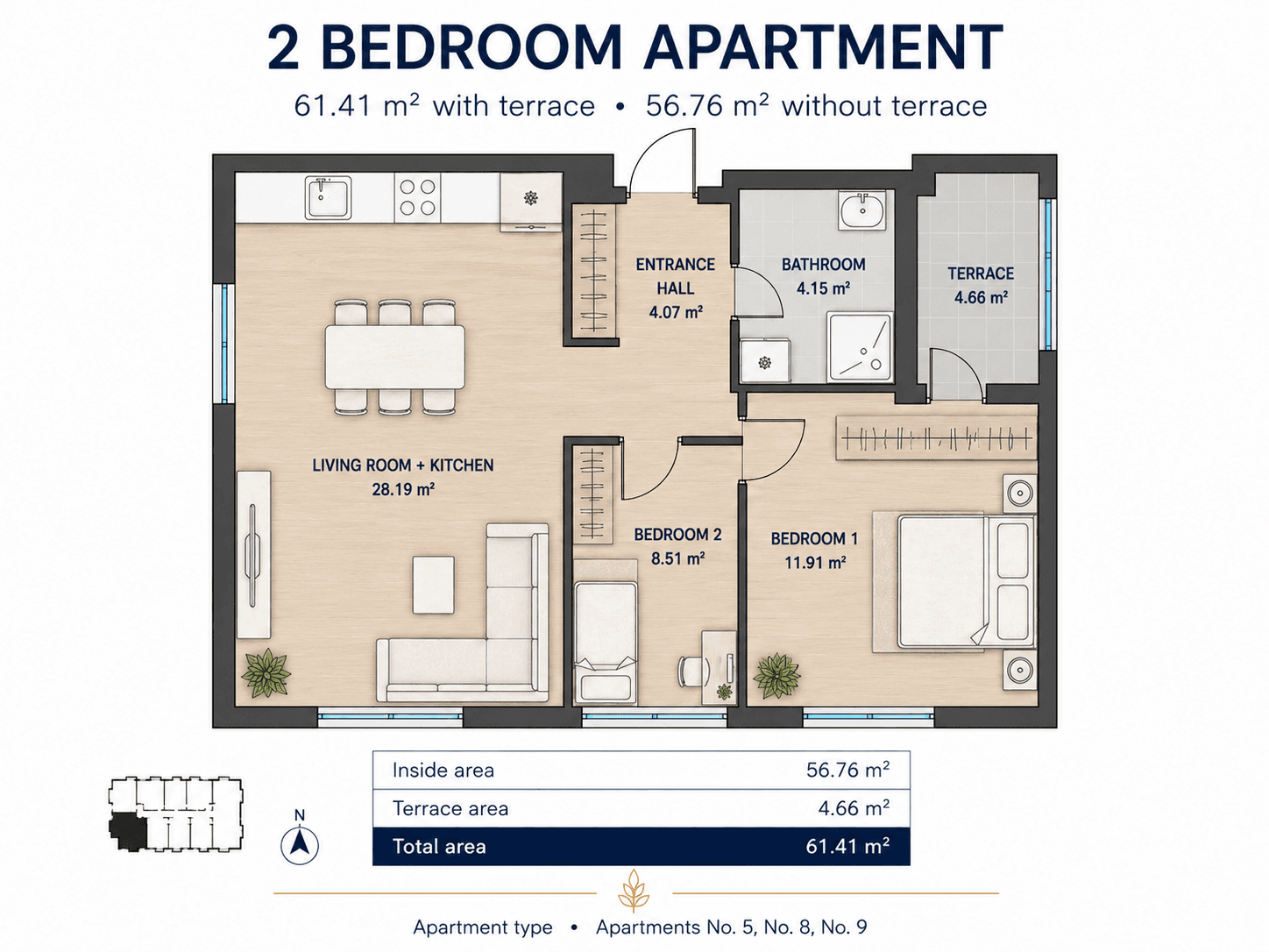 Tlocrt apartmana sa 2 spavaće sobe u Kava Building