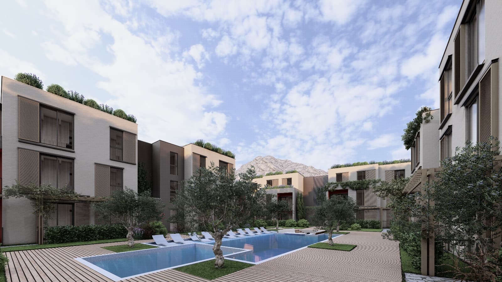 Palm City Innenhof mit Pool und begrunten Wohngebauden