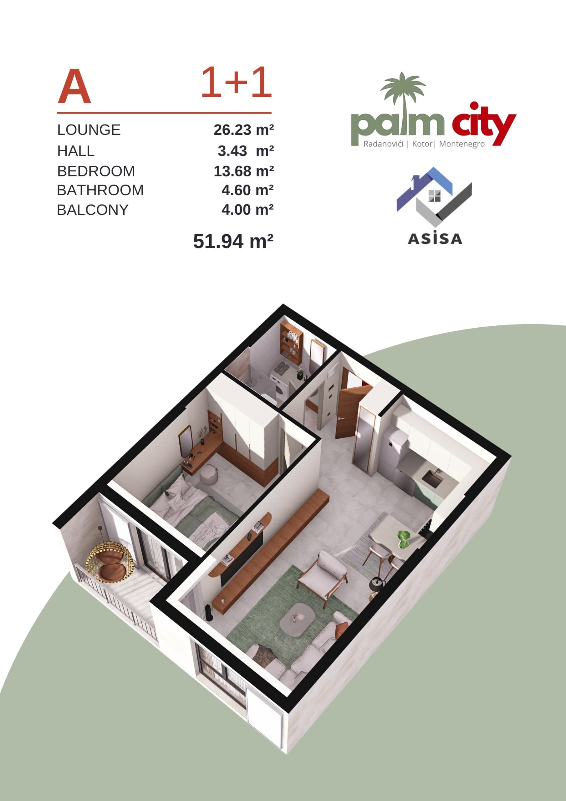 Palm City A 1+1 51,94 m² Grundriss
