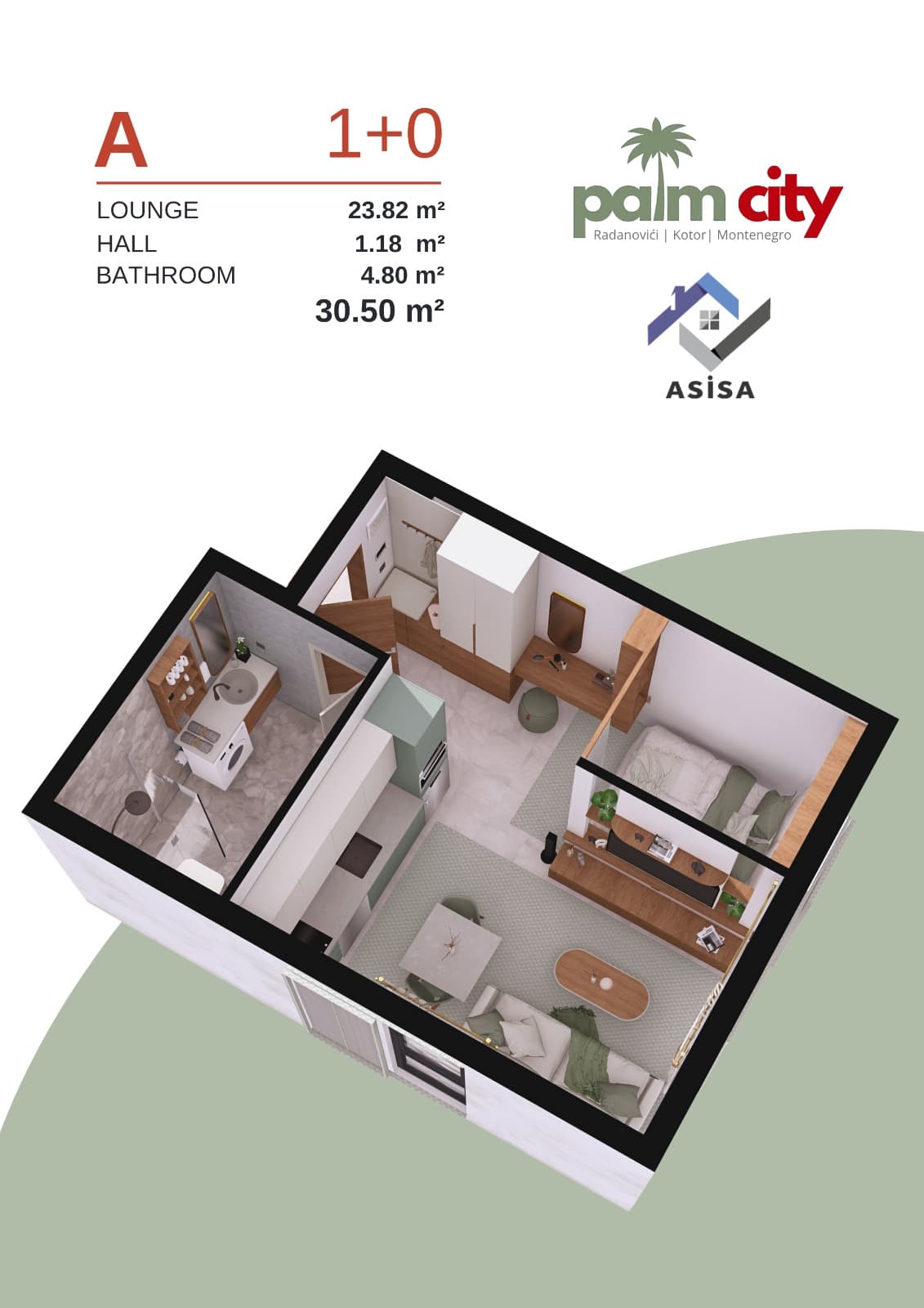 Palm City A 1+0 Studio 30,50 m² Grundriss