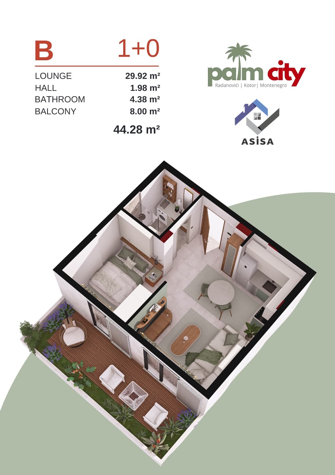 Palm City Studio-Grundriss mit Terrasse
